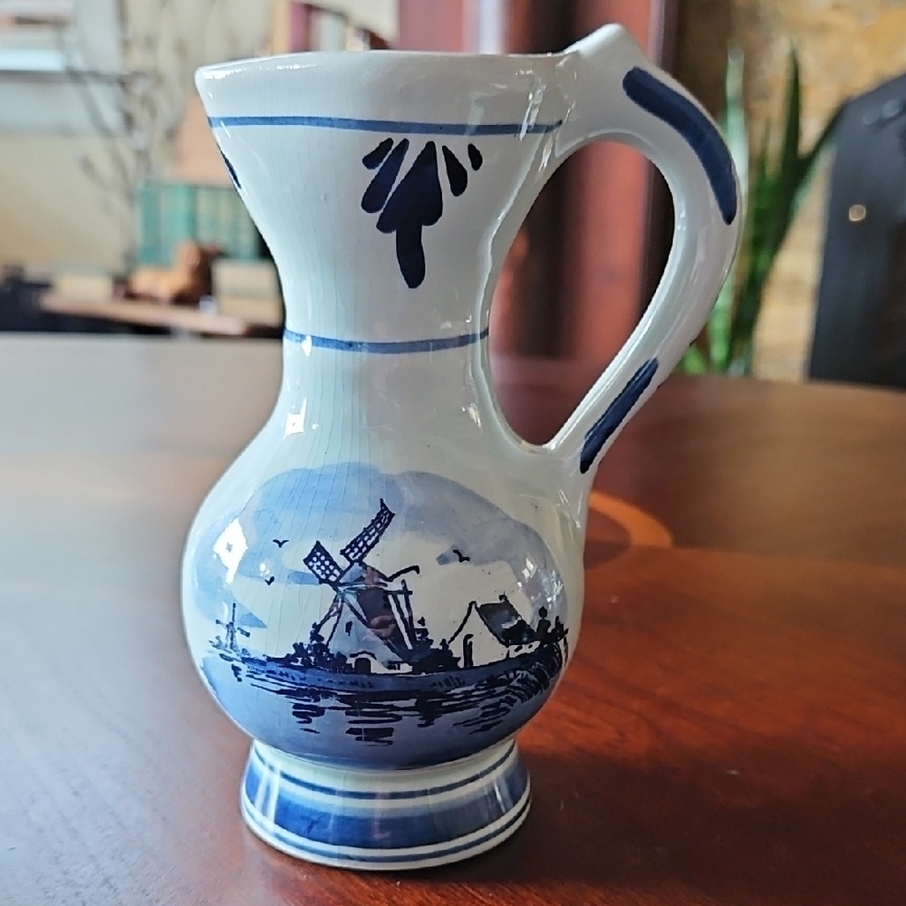 Delft Blue Handpainted Signed Creamer/Small Pitcher/Vase Holland Windmill House